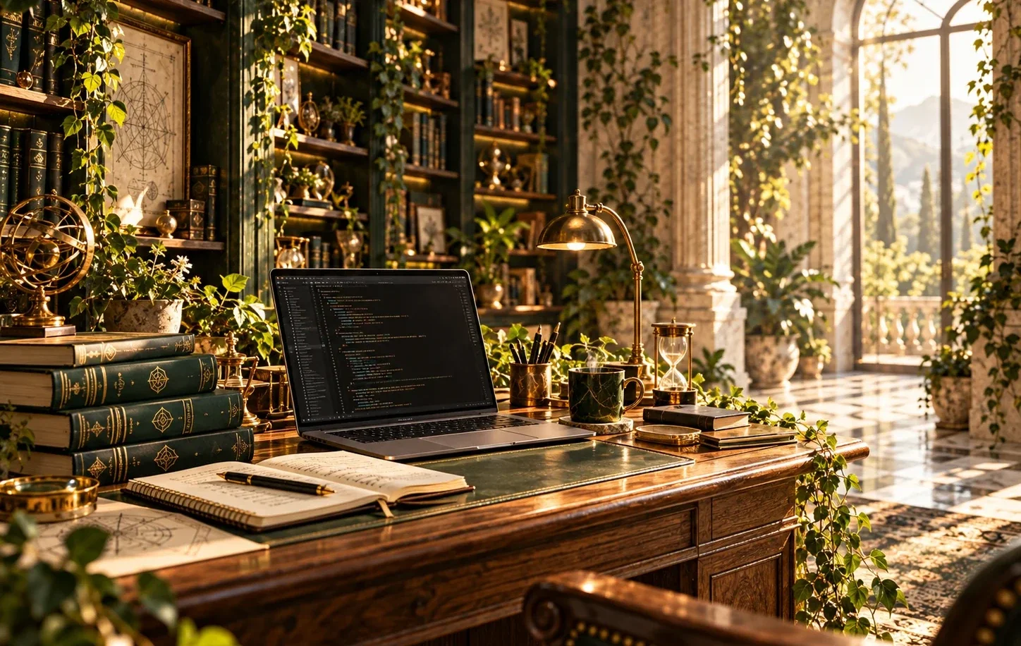 A technical working desk with laptop and books