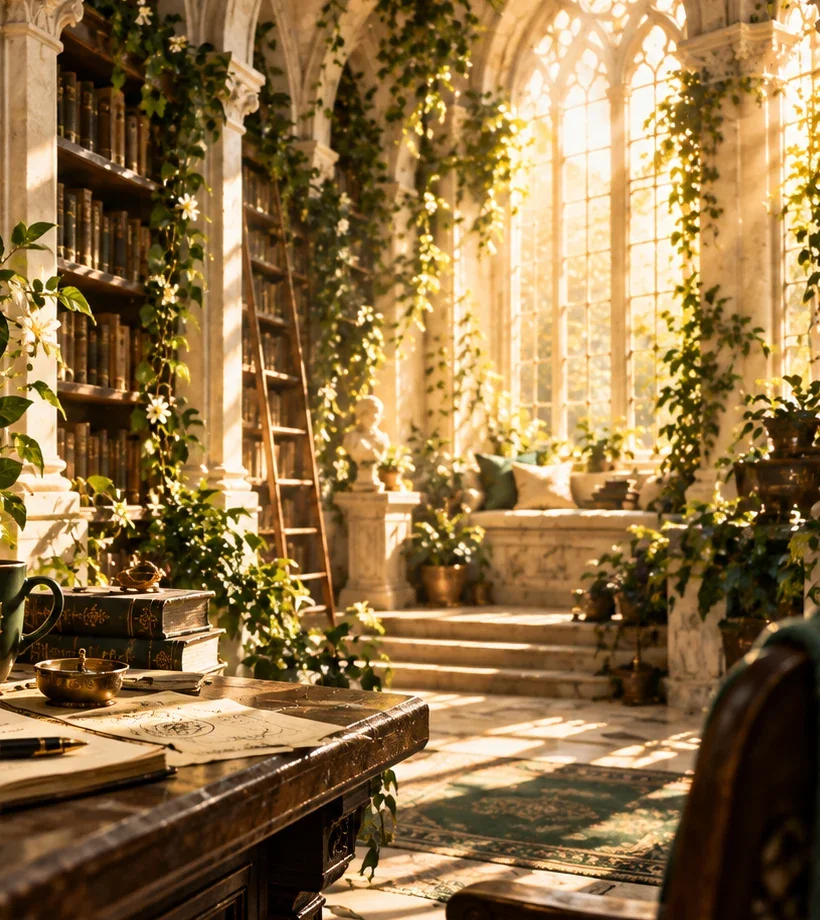 Sunlit plant-filled passage through a library