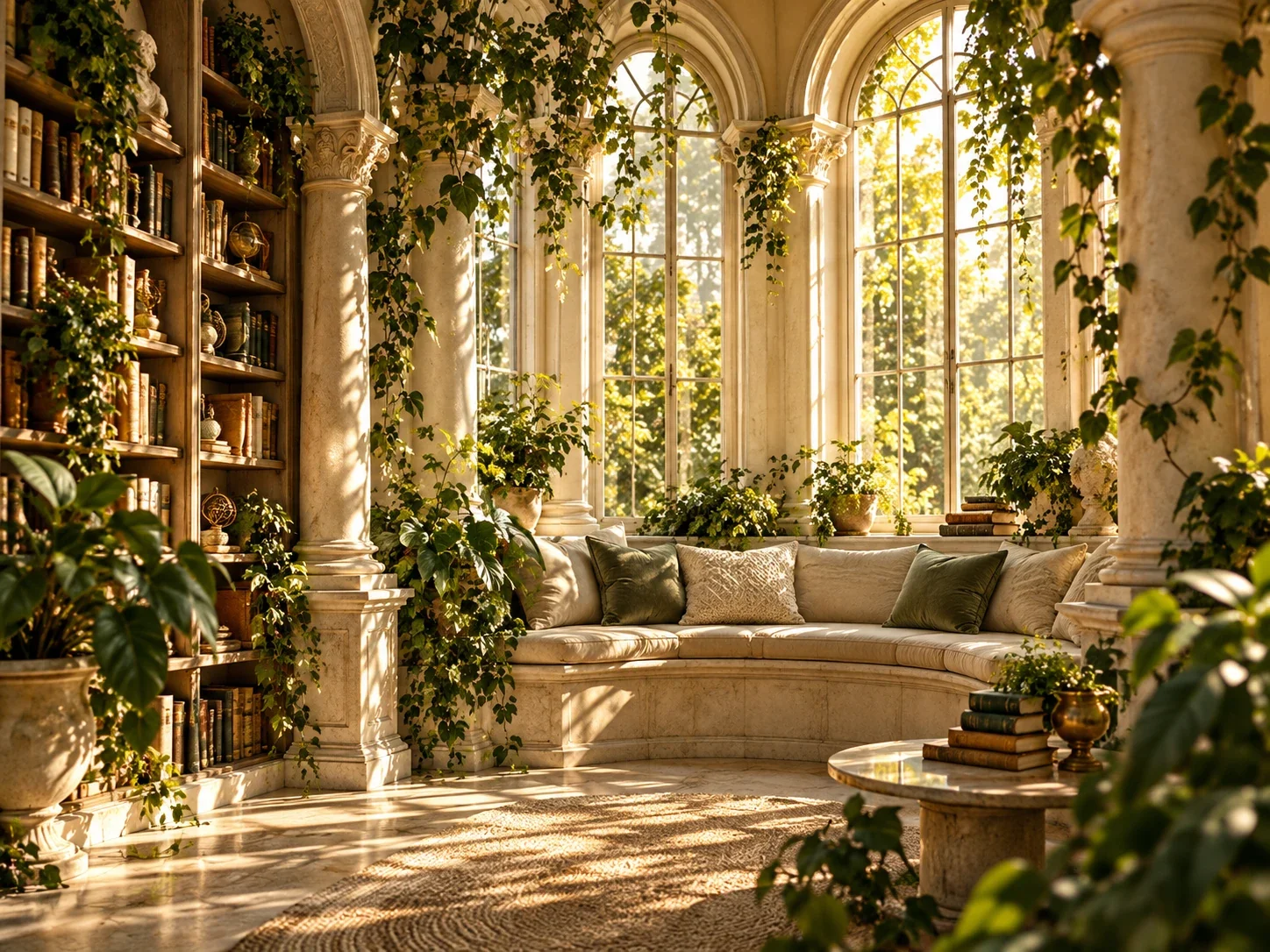 Library reading room with an illuminated globe and shelves
