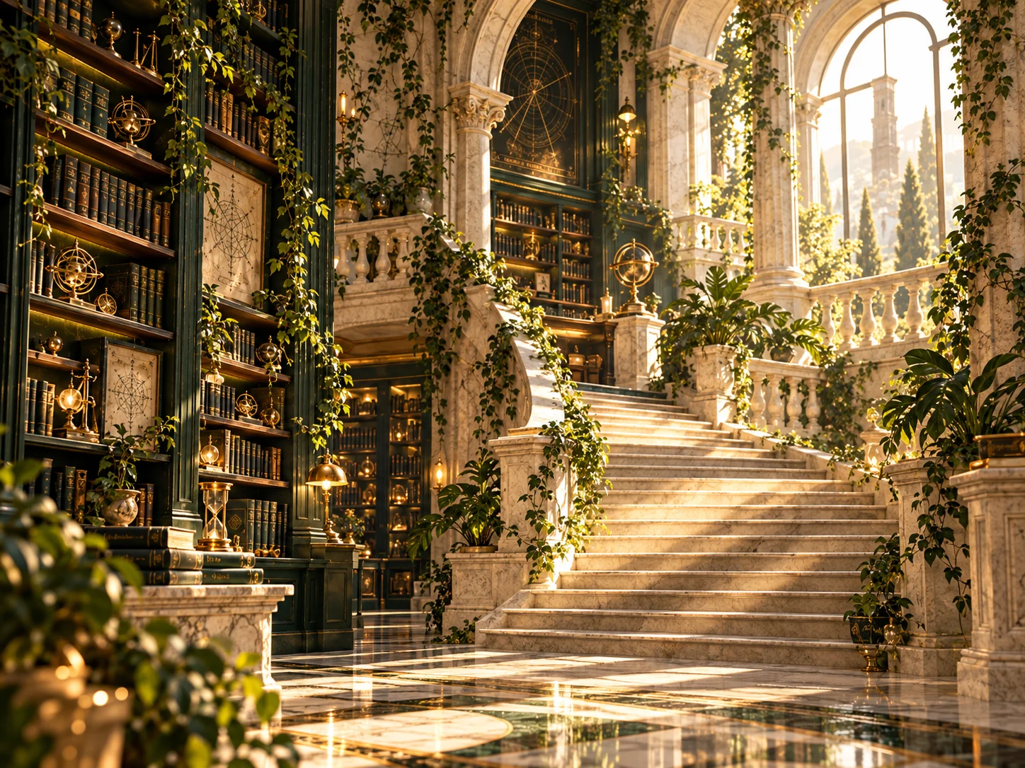 Sculptural curved staircase in an ivy-clad grand library